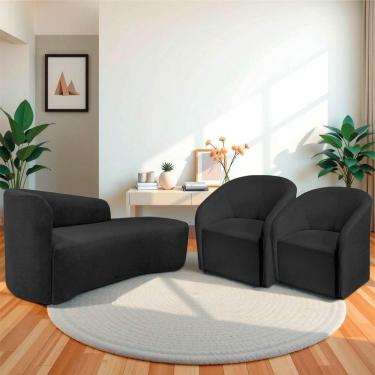 Imagem de Kit Sofá Curvo França 140cm Ld. E 2 Poltronas Luiza Max Conforto, Elegância E Design Moderno Linho Preto