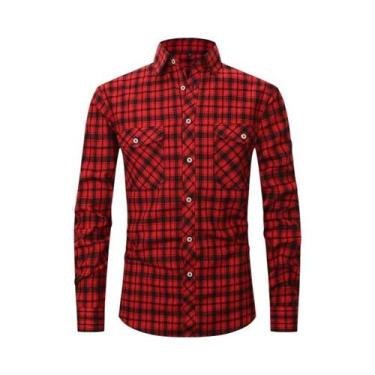 Imagem de Camisa Masculina De Manga Longa Em Algodão Escovado Xadrez Vermelho Eu