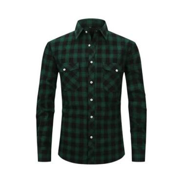 Imagem de Camisa Masculina De Manga Longa Em Algodão Escovado Xadrez Vermelho Eu