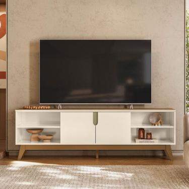 Imagem de Rack Para Tv Com 2 Portas Centrais E Nichos Laterais Abertos Off White Amendoa