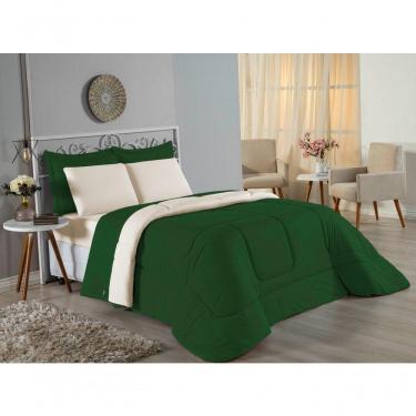 Imagem de Kit Edredom Dupla Face + Jogo De Lençol Casal Nobre 7 Peças Malha 100% Algodão - Verde-bandeira / Palha