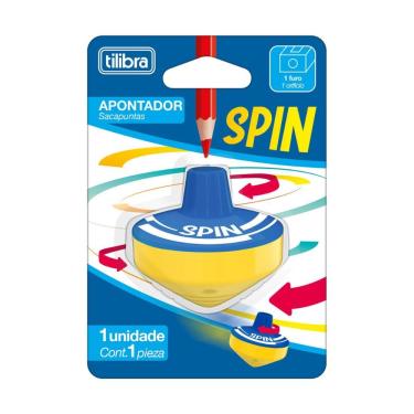 Imagem de Apontador com Depósito Tilibra Spin com Lâmina em Aço Carbono 1 Furo Formato de Pião para Uso Escolar Azul