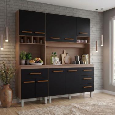 Imagem de Cozinha Compacta Vivan 180cm 9 Portas e 4 Gavetas Savana e Preto Mobília Decor