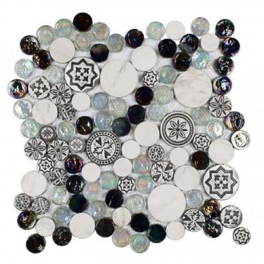Imagem de Kit 1m² Pastilha de Vidro e Mármore 29cm x 29cm Branco/Preto Glass Mos