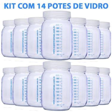 Imagem de Kit com 14 Potes de Vidro para Armazenar Leite Materno 200ml Com Graduação