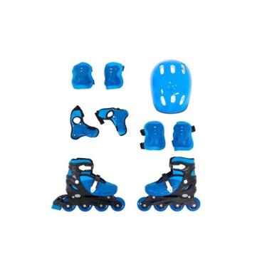 Imagem de Kit Patins Roller Inline Com Kit Proteção Azul M (33-36)