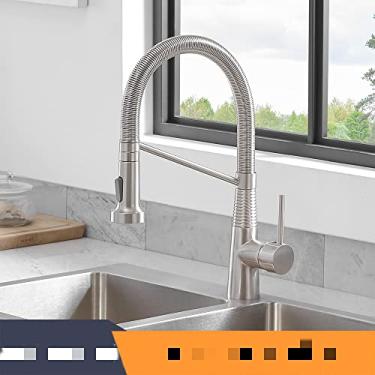 Imagem de Torneiras de cozinha escova torneiras de latão para pia de cozinha de alavanca única pull out primavera bico misturadores torneira de água quente e fria guindaste, 866033, escovado, china