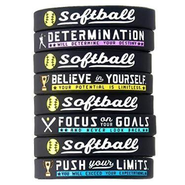 Imagem de (Pacote com 12) Pulseiras de softbol com citações esportivas motivacionais - Pacote de atacado com 12 pulseiras de borracha de silicone para presente de time de softbol em volume e lembranças de festa - para meninos e meninas homens e mulheres