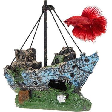 Imagem de SunGrow Navio para peixe betta, feito de resina, cria um ambiente saudável para animais aquáticos, aquários de barco ou decoração de casa, 1 peça