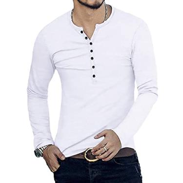 Imagem de NJNJGO Camiseta masculina casual slim fit Henley manga longa moda gola V camisetas, Branco, P
