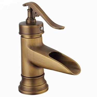 Imagem de LIDON Torneira de vaidade Torneira antiga Torneira de cachoeira Torneira de vaidade do banheiro Torneiras de cachoeira de furo único para pia de banheiro Torneira de cachoeira de latão antigo para banheiro, preto A (cor: antigo B)