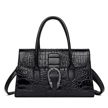 Imagem de Bolsa de ombro feminina com alça superior de couro padrão de crocodilo bolsa de mão feminina média fashion, Preto