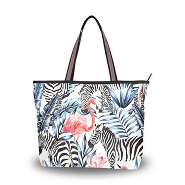 Imagem de Bolsa de ombro My Daily feminina com estampa de flamingo, zebra, flores e folhas de palmeiras, Multi, Large