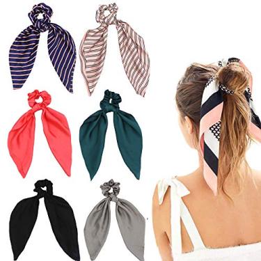 Imagem de Scrunchies de cabelo de cetim de seda, cachecol de cabelo com padrão de flor, listrado e estampado Bobbles para suporte de rabo de cavalo, 6 Pcs Stripes & Solid Colors Silk