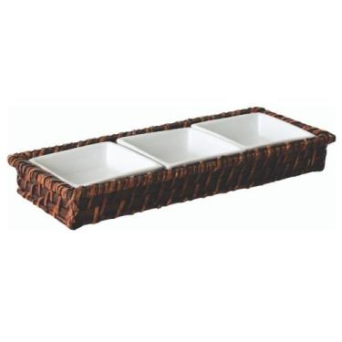 Imagem de Petisqueira Retangular Com 3 Divisões Em Rattan E Porcelana 30 X 12 Cm