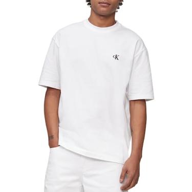 Imagem de Calvin Klein Camiseta masculina de gola redonda com logotipo de monograma e ajuste relaxado, Branco brilhante, M