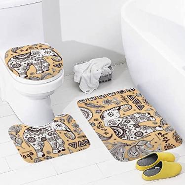 Imagem de Conjunto de tapetes de banheiro 3 peças vintage Lotus étnico elefante tapete de banheiro lavável antiderrapante tapete de contorno e tampa para banheiro