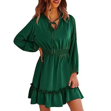 Imagem de Vestido feminino de cor sólida com decote em V, manga comprida, evasê, casual, coquetel, vestido casual para mulheres, Verde, GG