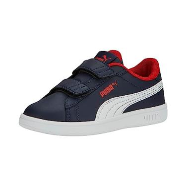Imagem de PUMA Tênis infantil unissex Smash 3.0 de couro com gancho e laço, Puma Azul-marinho - branco - vermelho para todos os tempos, 1.5 Little Kid