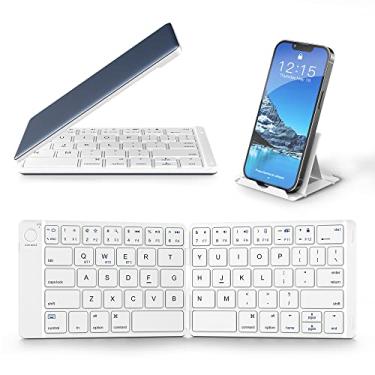 Imagem de Samsers Teclado Bluetooth dobrável – Teclado portátil sem fio de tamanho completo (Sincronização até 3 dispositivos), teclado dobrável de alumínio ultrafino para viagem, para iPhone, iPad, Mac, Android, Windows iOS, branco e azul
