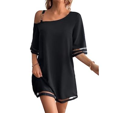 Imagem de Camisa Feminina Chain Detail Asymmetrical Neck Contrast Mesh Dress (Color : Black, Size : CH)