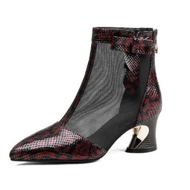 Imagem de KAGAA Sapatos femininos de couro genuíno bico fino com zíper e salto médio com salto de bloco com sandálias femininas feitas à mão de 5 cm t49s60s, Vinho tinto, 38
