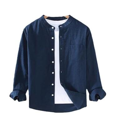 Imagem de Camisa masculina japonesa de algodão de linho fina, estilo Harajuku, gola alta, manga comprida, blusa casual respirável, Azul-marinho, G