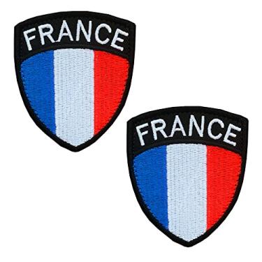 Imagem de 2 peças emblema da bandeira do escudo da França bordado aplique de ferro na costura Gaule Français Shield emblema nacional patch para jaquetas jeans, jersey, motociclista, futebol, roupas, uniforme,