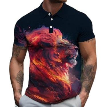 Imagem de Camisa polo masculina de manga curta com estampa de leão animal e design elegante de botão, Zphq65989, 3G