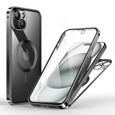 Imagem de KumWum Capa frontal e traseira para iPhone 15 Plus, transparente, compatível com Magsafe, fina, dupla face, protetor de tela de vidro de metal, fivela com protetor de lente de câmera - preto