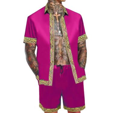 Imagem de OYOZONE Conjunto de camisa e short havaiano masculino 2 peças roupas de luxo estampado casual abotoado manga curta camisa terno de cetim, Vermelho rosa, G