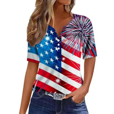 Imagem de Camiseta feminina Summer Dependence Day Henley mangas curtas Red-White-Blue Striped 4th of July Clothes, Cinza escuro - 2, G