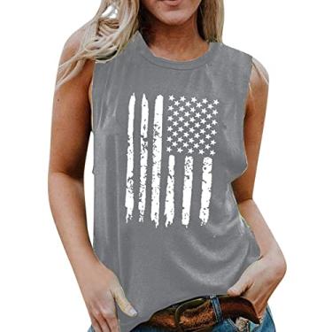 Imagem de Camiseta regata feminina de verão para dia independente 4 de julho, camiseta com estampa da bandeira dos EUA, casual, camiseta para sair, Cinza, P