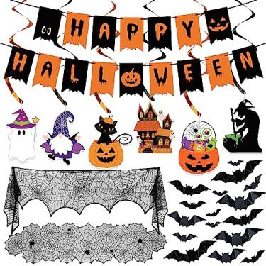 Imagem de Conjunto de decorações de Halloween para interior - decoração festiva de Halloween faixa de feliz dia das bruxas para pendurar redemoinhos e teia de aranha corredor de mesa e lenço de lareira e