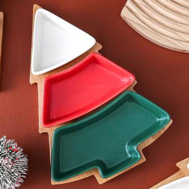 Imagem de Conjunto de pratos coloridos para árvore de Natal, prato de lanche de cerâmica de 28 cm com bandeja de bambu, árvores de Natal de porcelana removível, aperitivo, sobremesa, frutas, salada, pires,