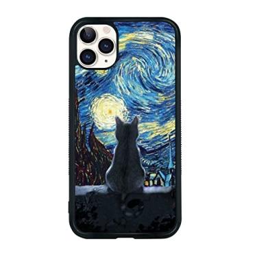 Imagem de Capa preta para iPhone 11 Pro de gato fofo - capa de iPhone de gato fofo de 5,8 polegadas Van Gogh de 5,8 polegadas, design de padrão antiderrapante e absorção de choque, capa de telefone preta com suporte de sílica macia para meninas e irmãs adolescentes