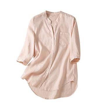 Imagem de Camiseta feminina de linho, cor sólida, manga 3/4, gola V, botões, caimento solto, casual, túnica, camisa de verão, rosa, GG