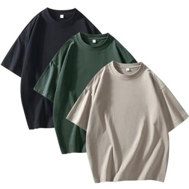 Imagem de ATOFY Pacote com 3 camisetas masculinas de algodão gola redonda, manga curta, caimento solto, clássica, lisa, macia, Preto + verde escuro + cáqui, XXG
