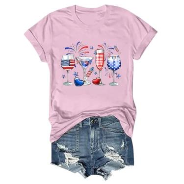 Imagem de Camisetas patrióticas femininas com bandeira americana com estampa engraçada de taça de vinho 4 de julho, camisetas casuais de verão, rosa, XX-Large