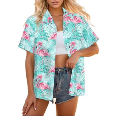 Imagem de SANGTREE Camisetas havaianas para meninas e mulheres, manga curta, abotoadas, blusas de férias e férias, 2 anos - EUA 2GG, Flamingo azul-petróleo, GG