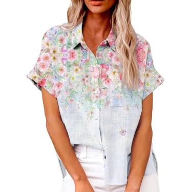 Imagem de Camiseta feminina com estampa floral, manga curta, gola lapela, botões, folgada, casual, para férias, F - ouro rosa, G