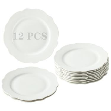Imagem de Conjunto de 12 pratos de jantar pequenos de porcelana de 19 cm, pratos de aperitivos brancos com borda ondulada, pratos de salada de sobremesa, pratos de cerâmica para bolo, lanche, sorvete, waffles