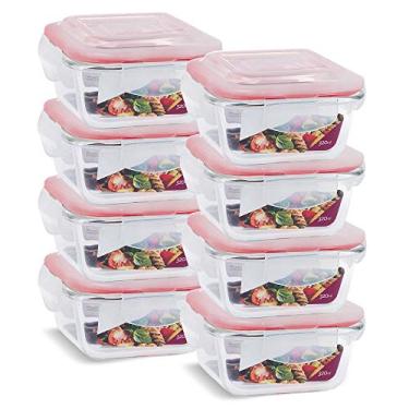 Imagem de Kit Conjunto 8 Potes Vidro Hermético Tampa Plástico Marmita Mantimentos 320ml Cor:Vermelho (LP)