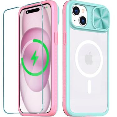 Imagem de WATEFULL Capa transparente compatível com iPhone 15 Plus MagSafe capa de câmera deslizante, [ímãs fortes][antiamarelo] moldura de TPU macia traseira de acrílico transparente, 1 película protetora de tela para iPhone 15 Plus (rosa + azul-petróleo