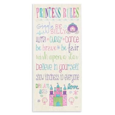 Imagem de The Kids Room by Stupell Placa de parede retangular Princess Rules With Castle And Carriage, 18 cm x 1,2 cm x 43 cm, feita com orgulho nos EUA