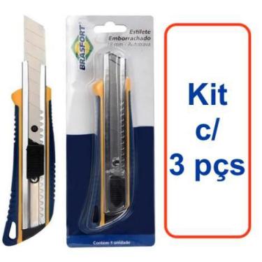 Imagem de Kit c/ 3pçs Estilete Largo 18mm Cabo Emborrachado Brasfort  8088