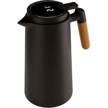 Imagem de Garrafa Térmica de Plástico Preta com Termômetro em Led e Cabo de Madeira 1L - Utensílios de Cozinha - Mesa Posta - Decoração - Itens Para Casa - Perfeita Para Seu Café e Chá