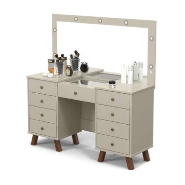 Imagem de penteadeira camarim eloa retro 9 gavetas com led e espelho off white -