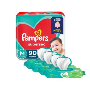 Imagem de Kit fralda descartavel pampers supersec m 90 com lenço aloe vera