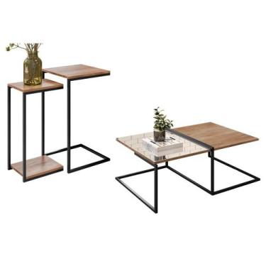 Imagem de Mesa de Centro Espelhada e 2 Mesas Laterais Pés Metálicos Estilo Indus